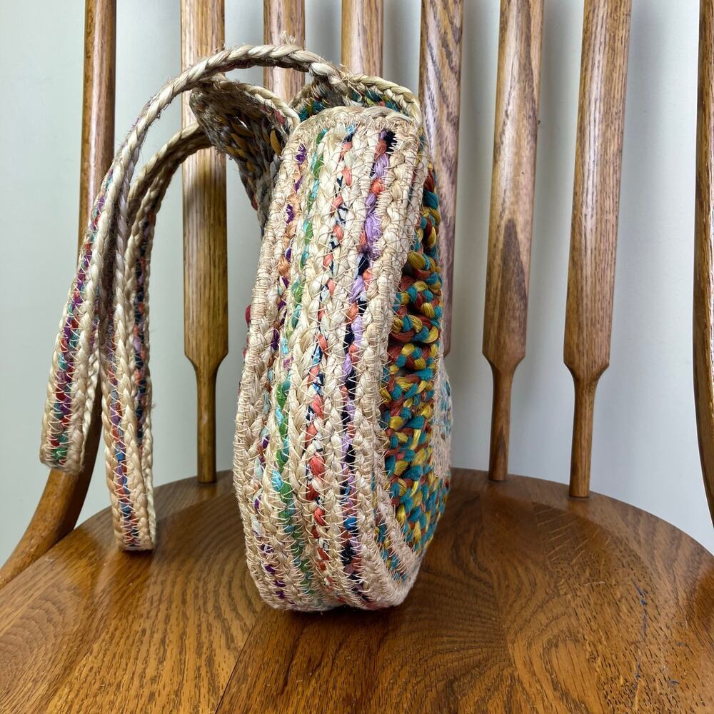 Boho Colorful Recycled Woven Jute Bag Circle Shaped Shoulder Tote Beach Bag - Picture 9 of 16